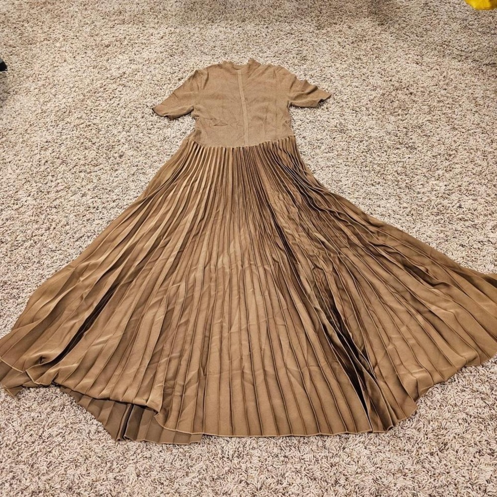 BOSS Hugo Boss Pleated Knit Mixed Media Maxi Dress Brown M 50483082